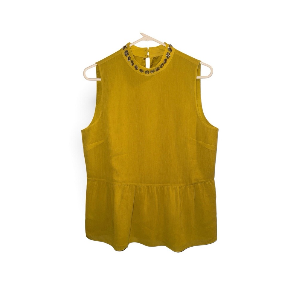 J.CREW Yellow Chiffon Sleeveless Mock Neck Beaded Lined Zip Blouse M Peplum